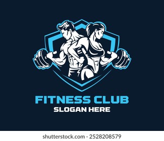 Logotipo do clube de fitness, Design de logotipo do centro de fitness, Vetor de design de ícone de logotipo ginásio, Homem muscular e mulher com halteres, Construtores de corpo silhueta ou esboço, Exercício, Bodybuilder logotipo de fitness