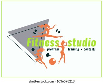 Fitness club logo with sports women. Sport, exercise, healthy life style. Female athlete on the fitness training. Useful to design banners, backgrounds, posters and print t-shirt.
