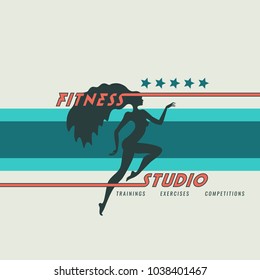 Fitness club logo with sports women. Sport, exercise, healthy life style. Female athlete on the fitness training. Useful to design banners, backgrounds, posters and print t-shirt.