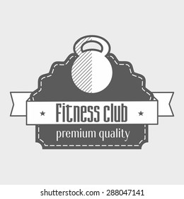 Fitness club logo template with kettle bell and ribbon. Vector illustration.
