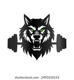 Fitness club logo with wolf head, dumbbells and barbell