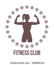 Fitness club logo with woman silhouette.Woman shows her muscles. Vector illustration. Vintage brown color. Isolated on white background.