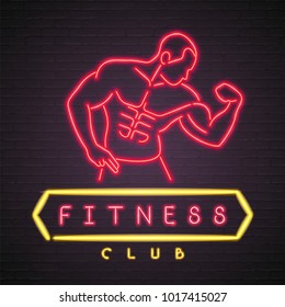 Fitness Club Man Neon Light Glowing with Workout Silhouette Red Light Gym Sign Bright