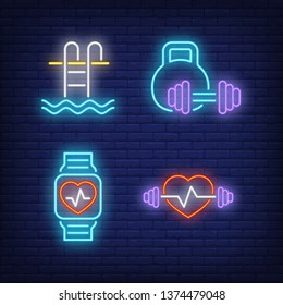 Fitness club neon sign set. Swimming pool, kettlebell, smartwatch, weight. Colorful billboard, bright banner. Vector illustration in neon style for sport, gym, healthy lifestyle