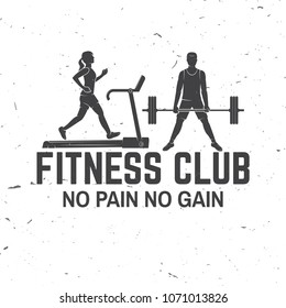 Fitness club. No pain no gain. Vector. For fitness centers emblems, gym signs and others related health and gym business. Girl run on the treadmill machine. Man doing heavy deadlifts in sumo position.