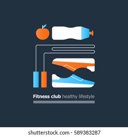 Fitness club poster concept, healthy lifestyle, collage with sneakers, trainers, jumping rope and water bottle, apple icon, training course, sport activity banner, vector flat design illustration