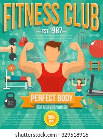 Fitness club poster with sport equipment and people doing workouts vector illustration