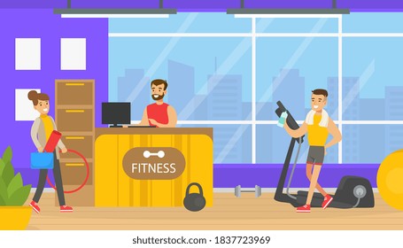 Fitness Club Reception Sesk with Male Receptionist, People Doing Sports Exercises in Gym Flat Vector Illustration