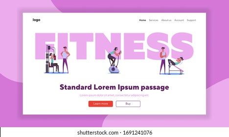 Fitness club set. Instructor helping woman to exercise with weight, gym equipment Flat vector illustrations. Workout, energy, sport concept for banner, website design or landing web page