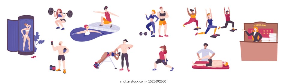 Fitness club set with isolated doodle human characters of training people with sport equipment gymnastic apparatus vector illustration - Shutterstock ID 1525692680