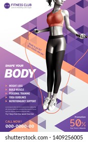 Fitness club with slim girl jumping rope on purple geometric background