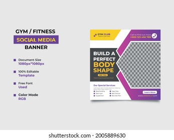 fitness club social media post template, gradient color use in the shapes. An image can be used in the template, fully editable, square banner vector eps 10 version.