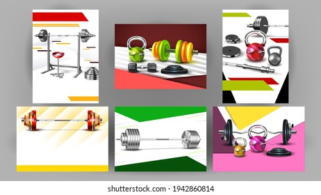 Fitness Club Sport Advertise Banners Set Vector. Collection Posters With Barbells, Kettlebells And Dumbbells. Equipment For Strong Muscles. Gym Powerlifting Tools Template Realistic 3d Illustrations