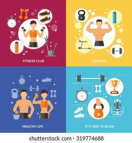 Fitness club sports training and time to begin healthy life flat color concept isolated vector illustration