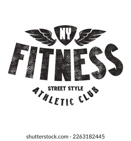 Fitness club typographic emblem for sticker and t-shirt. Graphic design with retro texture. Black print on white background