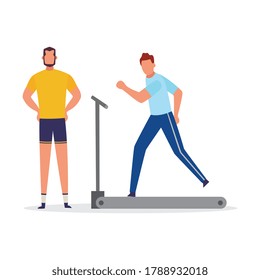 Fitness coach cartoon character giving instruction to man running on treadmill, flat vector illustration isolated on white background. Workout with personal trainer.