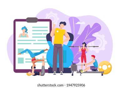 Fitness coach for healthy person sport, vector illustration. Training exercise, workout in cartoon gym for athletic fit, active lifestyle concept