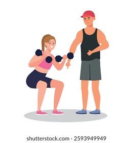 Fitness coach helping with dumbbell workout gym