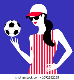 Fitness coach, fitness instructor, physical education teacher, football fan girl. Young woman with soccer ball, in baseball cap. Vector illustration