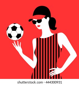 Fitness coach, fitness instructor, physical education teacher, soccer fan girl. Young woman with soccer ball, in baseball cap. Vector illustration