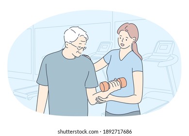 Fitness coach, rehabilitation, active lifestyle concept. Young smiling woman cartoon character sports instructor helping elderly man with right exercising with dumbbells in gym vector illustration 