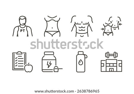 Fitness coaching icon set. Thin line editable stroke icons for body transformation, workout goals, personal trainer, supplements, diet planning, gym lifestyle, and motivation