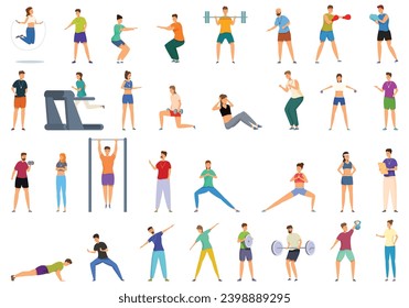 Fitness coaching training icons set cartoon vector. Gym coach. Person sport instructor