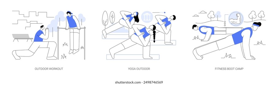 Fitness in college isolated cartoon vector illustrations set. Students doing outdoor workout, campus yoga, active lifestyle, boot camp training, exercise together, university sports vector cartoon.