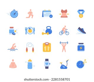 Fitness color icons set. Athlete and sportsman with barbell or on treadmill. Scales and smart watch, kettlebell and dumbbell, jump rope. Cartoon flat vector illustrations isolated on white background