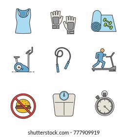 Fitness color icons set. Tank top, gym gloves, yoga mat, exercise bike, jump rope, treadmill, healthy nutrition, floor scales, stopwatch. Isolated vector illustration