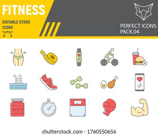 Fitness color line icon set, sport symbols collection, vector sketches, logo illustrations, gym icons, fitness signs colorful linear pictograms, editable stroke