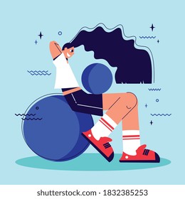 Fitness composition with female character with flat images of exercise balls with stars and wave signs vector illustration