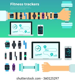 Fitness concept. Banners of outstretched arms with dumbbell and fitness trackers in flat design on green and white backgrounds . Virtual coach. For web, mobile applications, banners, covers