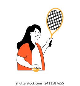 Fitness concept with cartoon people in flat design for web. Woman with racket and ball playing tennis and training for competition. Vector illustration for social media banner, marketing material.