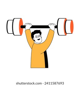 Fitness concept with cartoon people in flat design for web. Man doing bodybuilding strength exercises and weightlifting barbell at gym. Vector illustration for social media banner, marketing material.