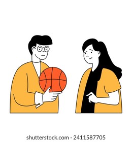Fitness concept with cartoon people in flat design for web. Woman and man playing basketball and training in team for competition. Vector illustration for social media banner, marketing material.