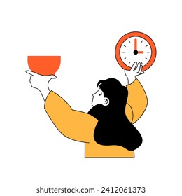Fitness concept with cartoon people in flat design for web. Woman controlling diet and eating to times, following nutrition program. Vector illustration for social media banner, marketing material.