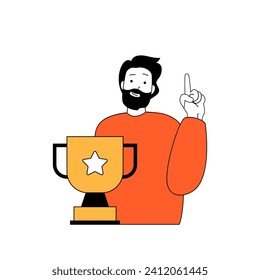 Fitness concept with cartoon people in flat design for web. Man winning championship competition and getting trophy golden cup prize. Vector illustration for social media banner, marketing material.