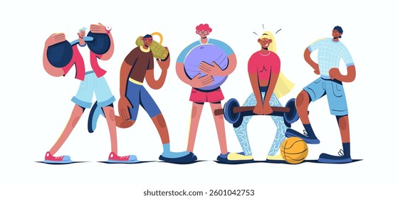 Fitness concept in cartoon web design. People training with barbells, exercising with fit ball, playing basketball game, doing workout at gym. Flat vector illustration isolated on white background.