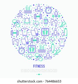 Fitness concept in circle with thin line icons of running, dumbbell, waist, healthy food, swimming pool, pulse, wireless earphones, sportswear, yoga. Modern vector illustration.