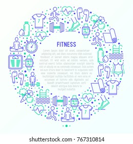 Fitness concept in circle with thin line icons of running, dumbbell, waist, healthy food, swimming pool, pulse, wireless earphones, sportswear, yoga. Modern vector illustration.