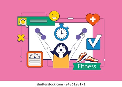 Fitness concept in flat neo brutalism design for web. Woman exercising with dumbbells, running training and workout for weight loss. Vector illustration for social media banner, marketing material.