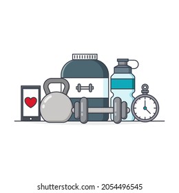 Fitness concept of gym equipment and tools flat illustration