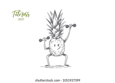 Fitness concept. Hand drawn pineapple cartoon character doing exercises with dumbbells. Pineapple as symbol of healthy lifestyle isolated vector illustration.