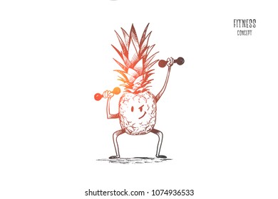 Fitness concept. Hand drawn pineapple cartoon character doing exercises with dumbbells. Pineapple as symbol of healthy lifestyle isolated vector illustration.