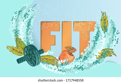 Fitness concept. Healthy lifestyle. Digital painting, fit, fruit, sports.