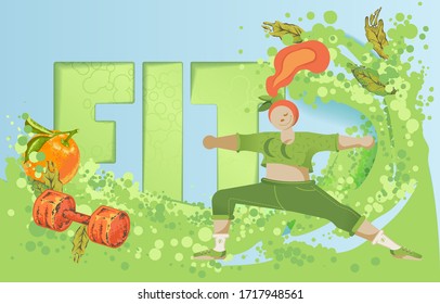 Fitness concept. Healthy lifestyle. Sport in women,  doing an active movement. Vector painting.