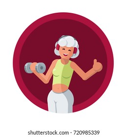 Fitness concept illustration. Beautiful white hair senior woman training with dumbbell and listening to the music with headphones. Vector flat illustration.