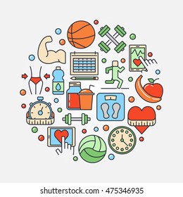 Fitness concept illustration. Vector round colorful fitness and sport symbol or sign made with flat icons