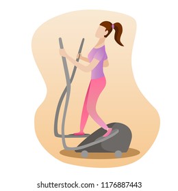 Fitness concept illustration of woman running on elliptical machine. Fitness and yoga girl icons isolated on white background. Flat design.